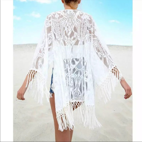 BOHO COVERUP KIMONO WHITE LACE CROCHET - Picture 3 of 6
